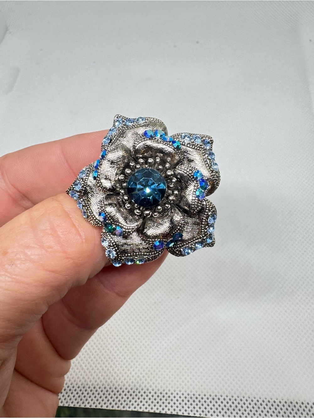 Oversized Blue Rhinestone Flower Statement Ring Adjustable Silver Tone